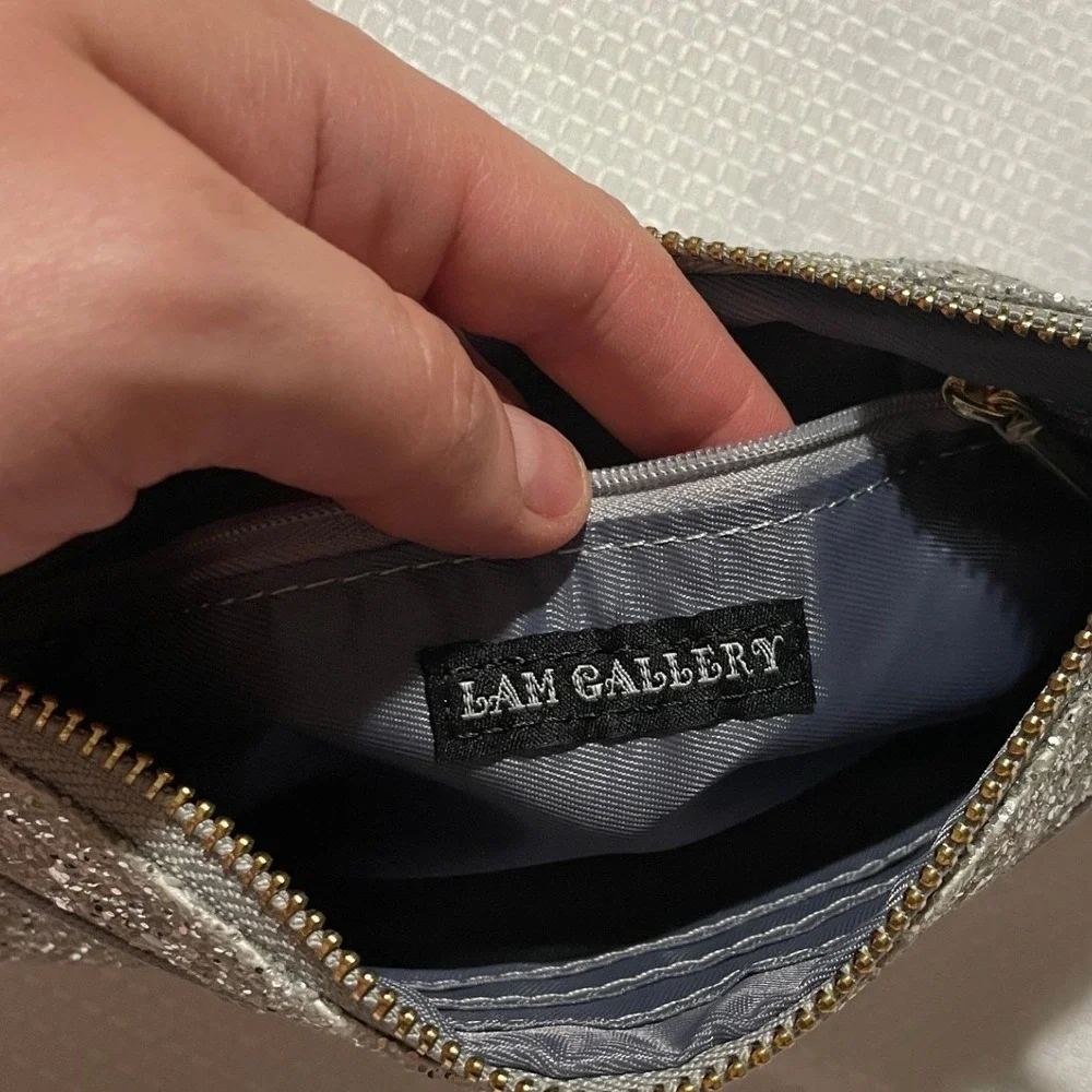 Lam Gallery Silver Glitter‎ Wristlet Clutch Evening Bag with Exterior Zip Pocket